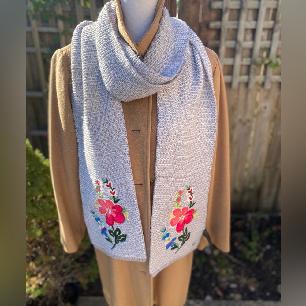 Chaos long scarf with vibrant floral embroidery warm wool & acrylic one size